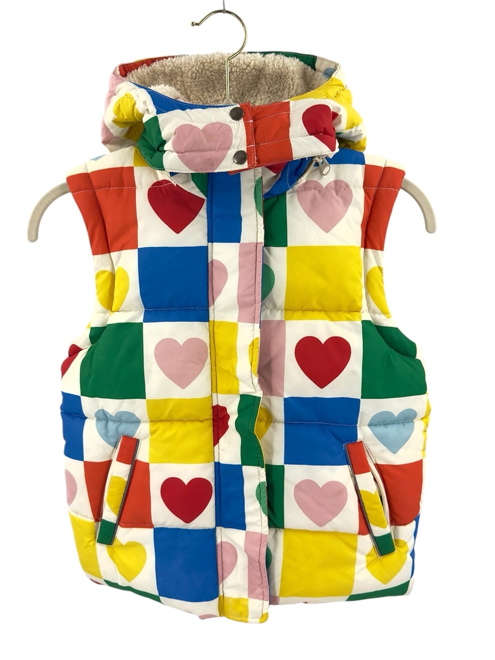 Mini Boden Puffer Padded Vest Size 7-8 Years Heart Print Sherpa Lined Hooded